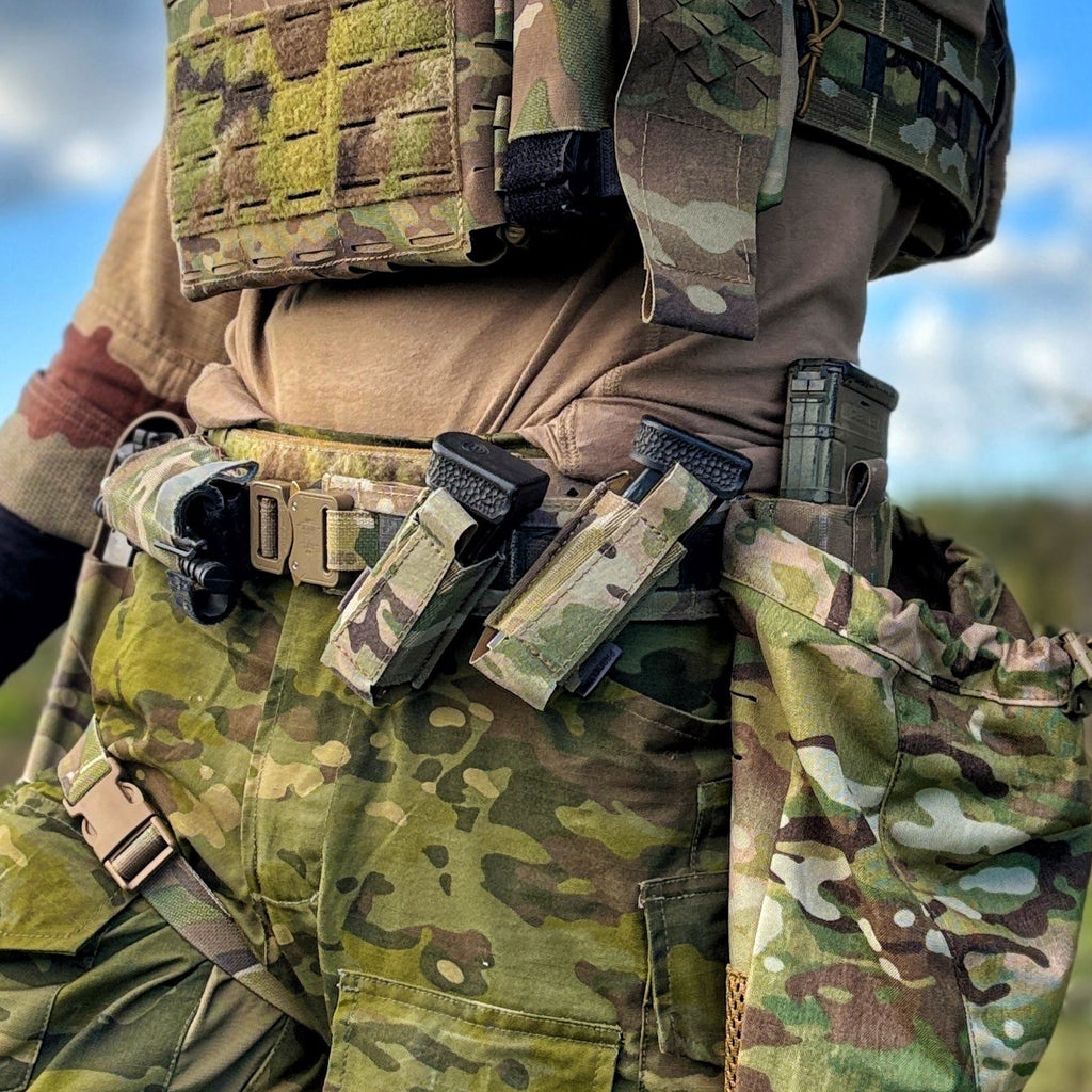 PANNELTAC pistol and AR-15 FLEX pouches on PANNELTAC STRIDE belt along with TQ Belt Sleeve and Thigh Strap in MultiCam Original