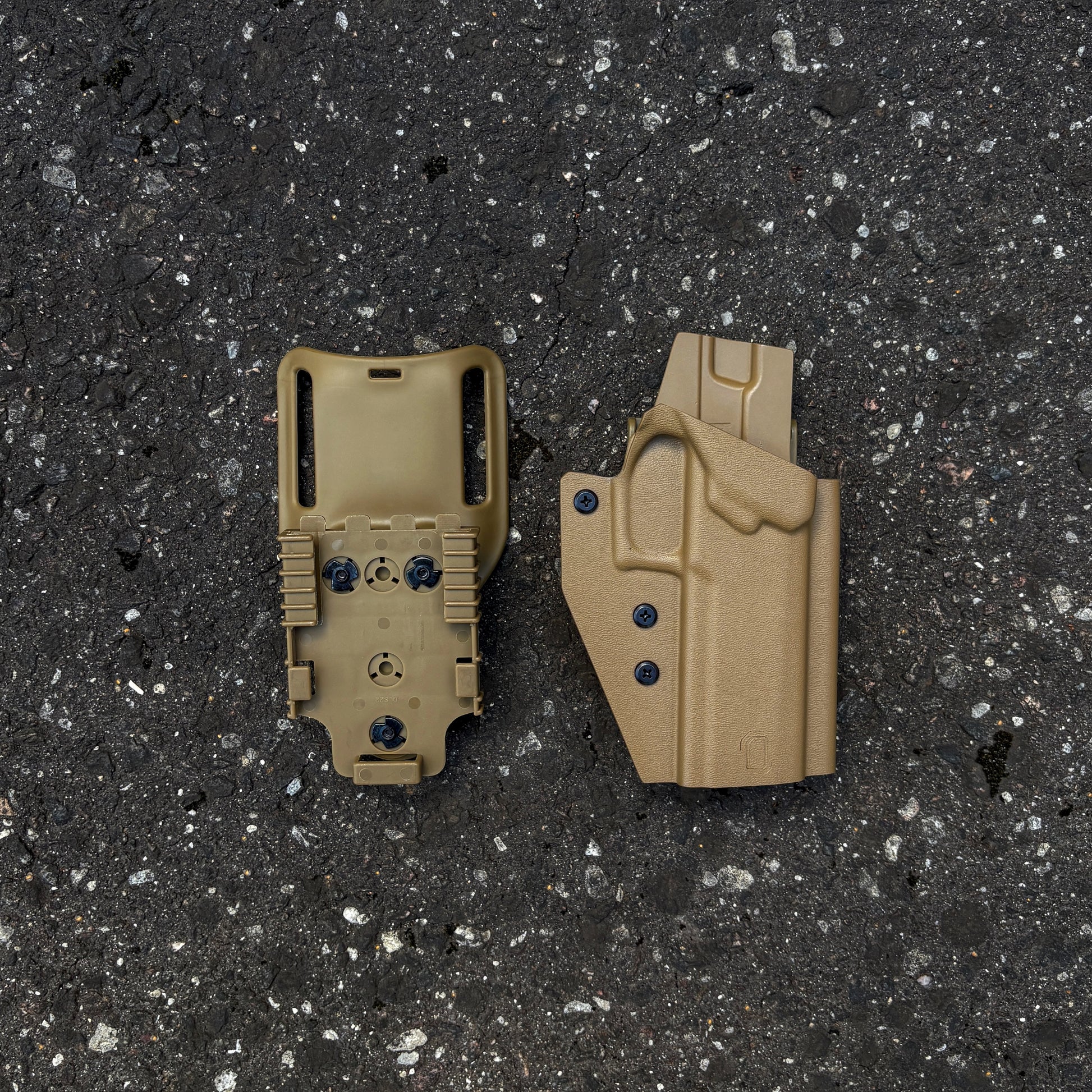 PANNELTAC OWB MID-DROP holster with a UBL mid-ride and QLS in coyote brown