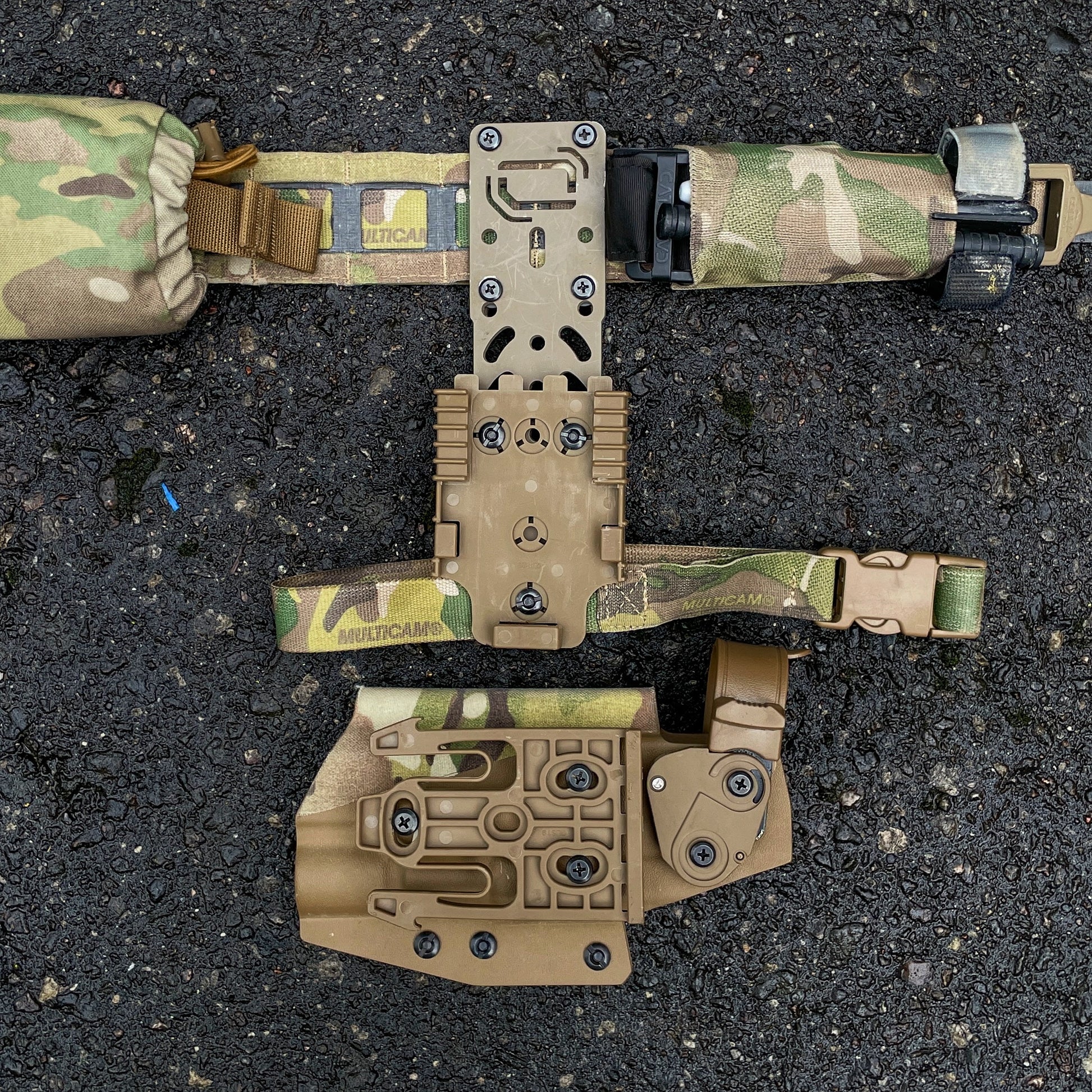 PANNELTAC LVL2 holster with QLS kit, TS-2 thigh strap and HDM-1 belt mount. Multicam Original